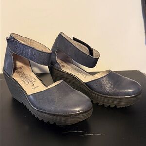 Fly London Navy Leather Ankle-Strap Wedge Sandals size 38 7-7.5US